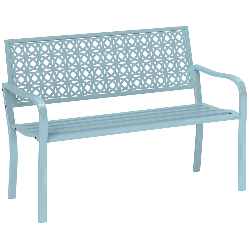 Banc de jardin 2 places, banc extérieur jardin en acier avec dossier ajouré, 127 x 63 x 85 cm, bleu-0