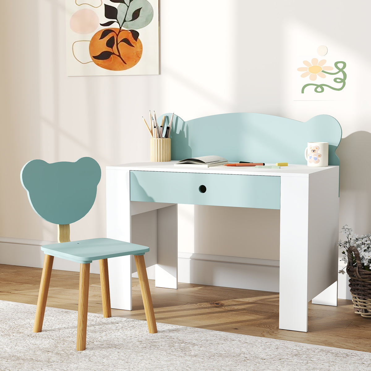 Bureau enfant avec chaise, table enfant et chaise avec tiroir et large plateau, 80 x 41 x 74,5 cm, vert-1