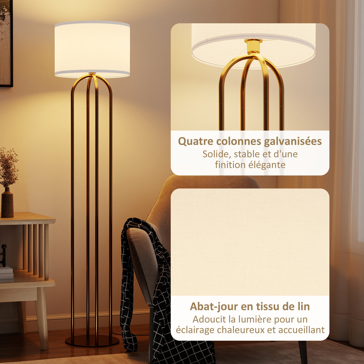 Lampadaire sur pied de salon, lampe sur pied avec abat-jour en lin et interrupteur à pied, Ø 38 x 161 cm, doré et beige-3