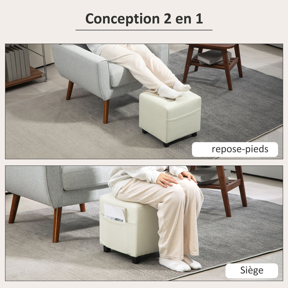 Repose pied salon, ottoman, siège rembourré capitonné en tissu aspect lin avec poche latérale, 35 x 35 x 35 cm, crème-3