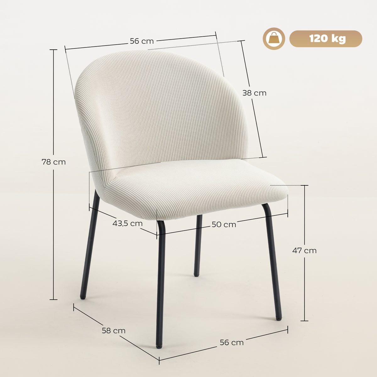 Lot de 2 chaises de salle à manger en velours côtelé, chaises de cuisine avec pieds en acier, 56x58x78cm, crème-2