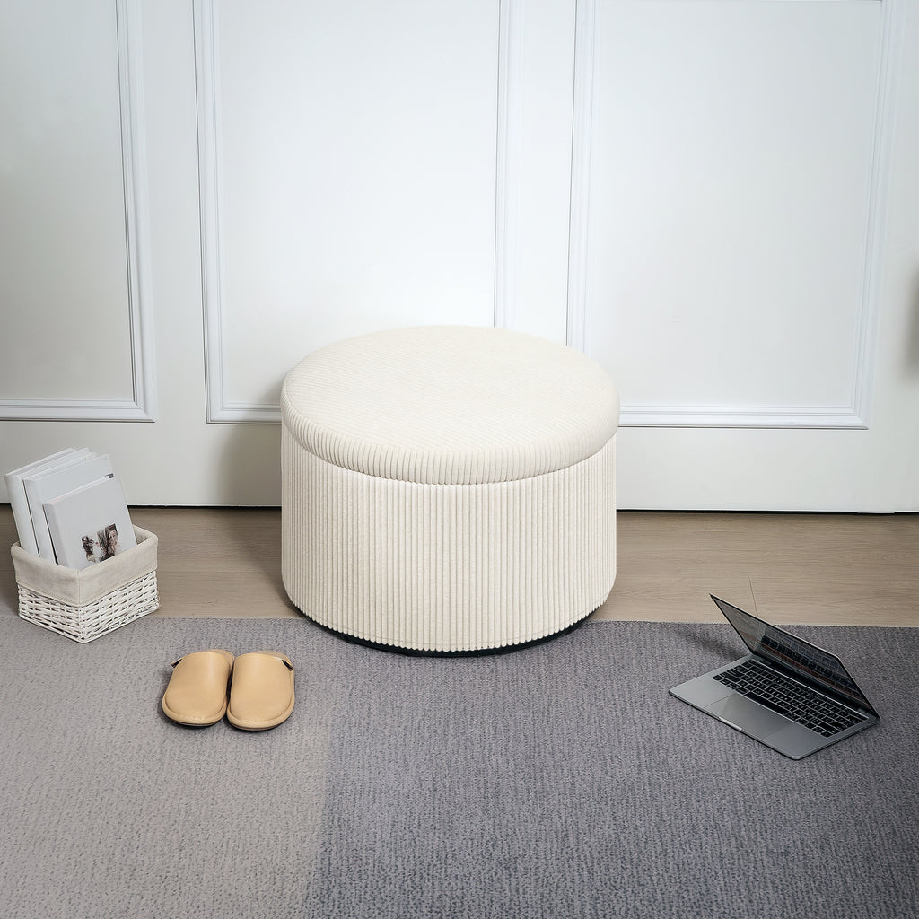 Pouf coffre rangement, tabouret rond, pouf repose-pieds en velours côtelé, charge 120 Kg, Ø 60 x 41 cm, beige-1