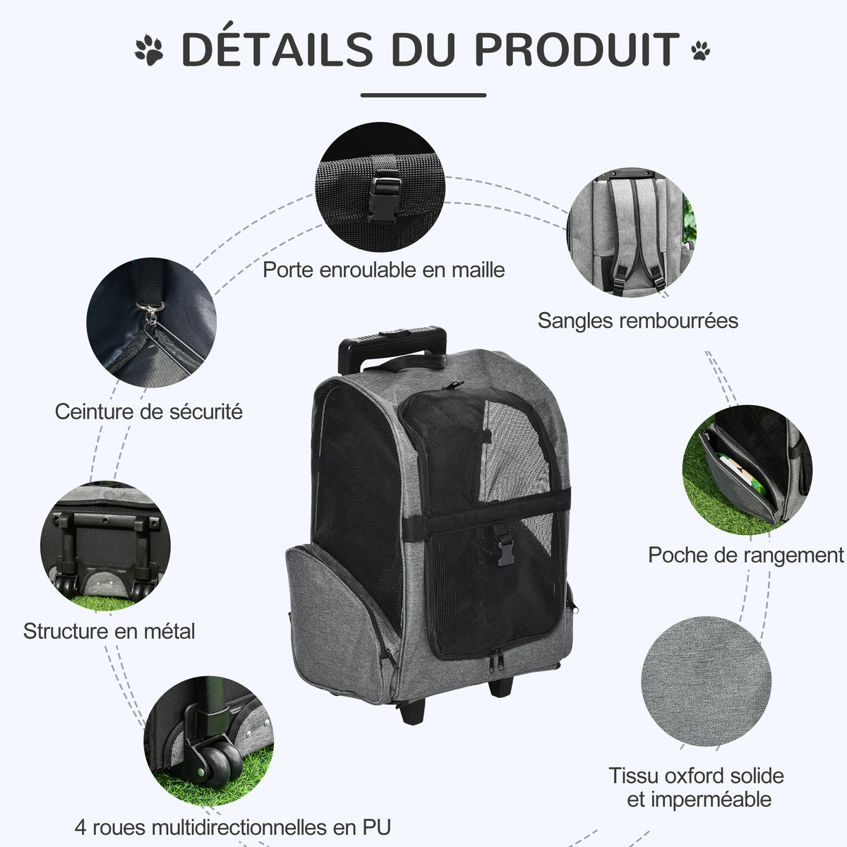 Sac de transport à roulettes pour chien 2 en 1 trolley chariot sac à dos pour chien chat avec poignée téléscopique, sacs de rangement, aérations, attache de sécurité, 42 x 25 x 55 cm, gris-5