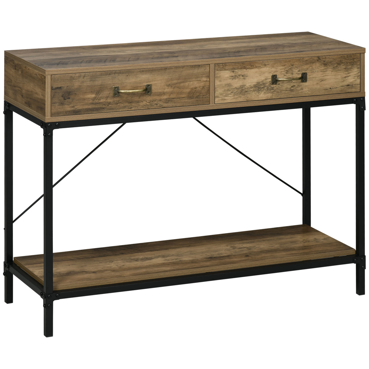 Table Console Table d'appoint d'entrée Industriel dim. 100L x 35l x 76H cm avec 2 tiroirs et 1 plateau Aspect Bois-0