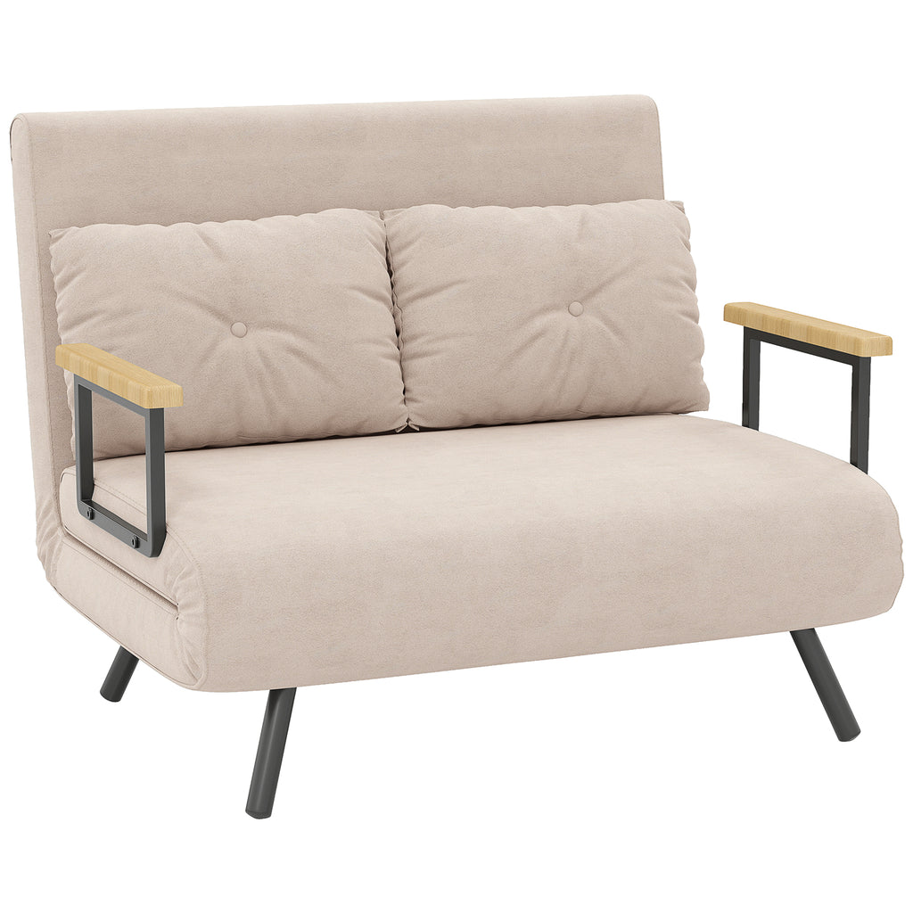Canapé convertible 2 places avec dossier réglable à 5 niveaux et 2 coussins rembourrés, revêtement effet velours, beige-0