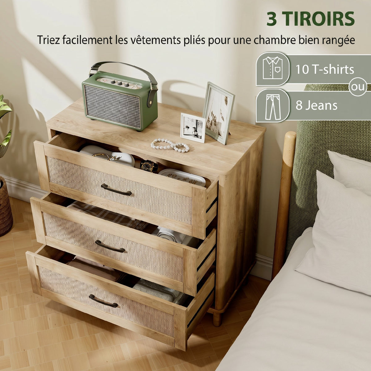 Commode 3 Tiroirs en Rotin, Meuble de Rangement, Chiffonnier, Pieds en Bois Massif, Style Bohème, 76x35x76cm, Chêne-3