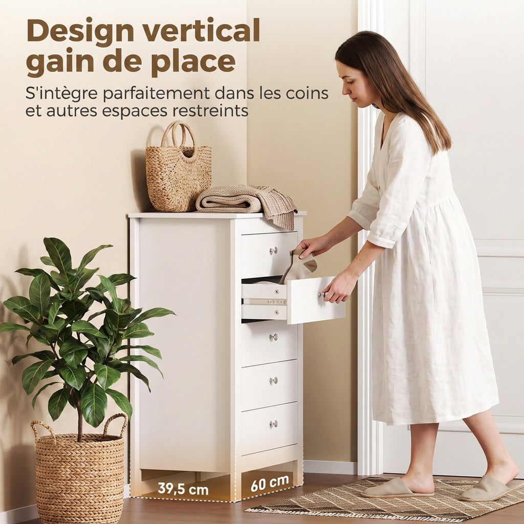 Commode 5 Tiroirs, Meuble de Rangement avec Glissières Fluides, Chiffonnier, Style Moderne, 60 x 39,5 x 95,3 cm, Blanc-4