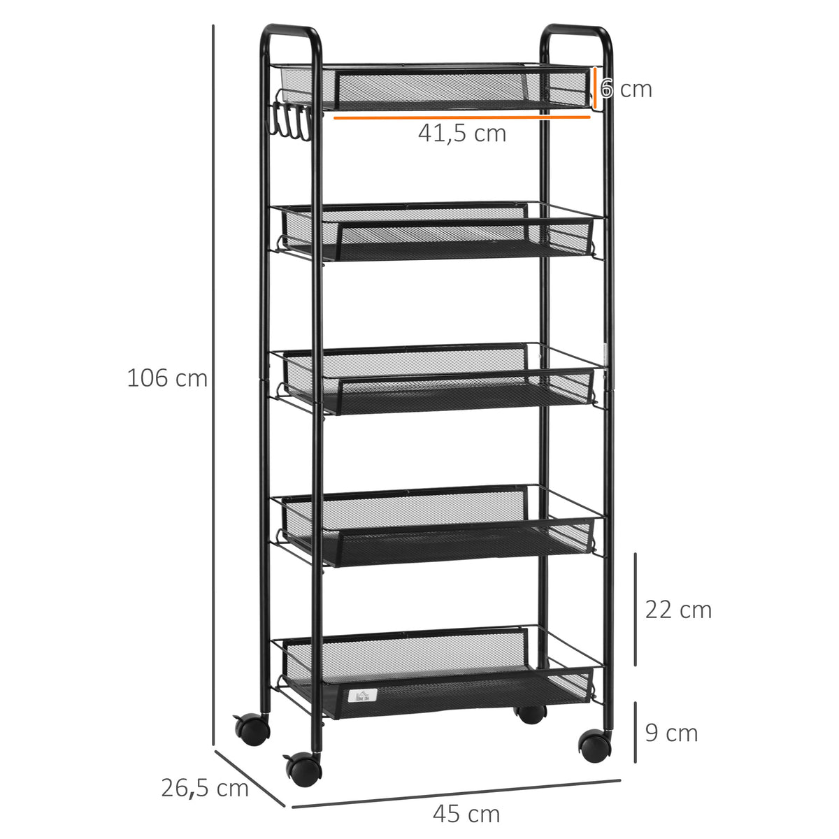 Chariot desserte de rangement à roulettes avec 5 paniers amovibles en acier, dim. 45L x 26.5l x 106H cm-2