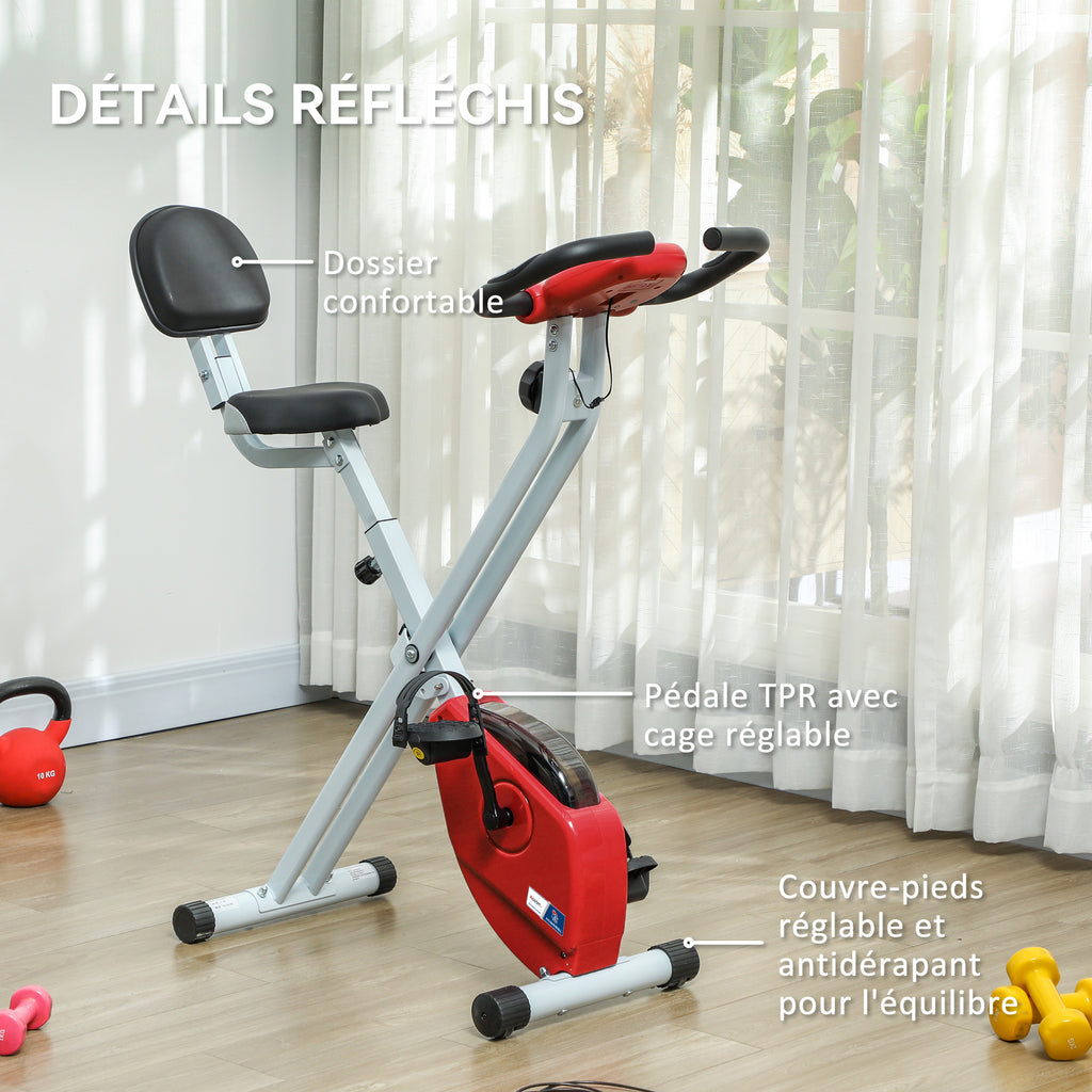 Vélo d'appartement pliable - 8 niveaux de résistance, selle et dossier réglables, rouge-7