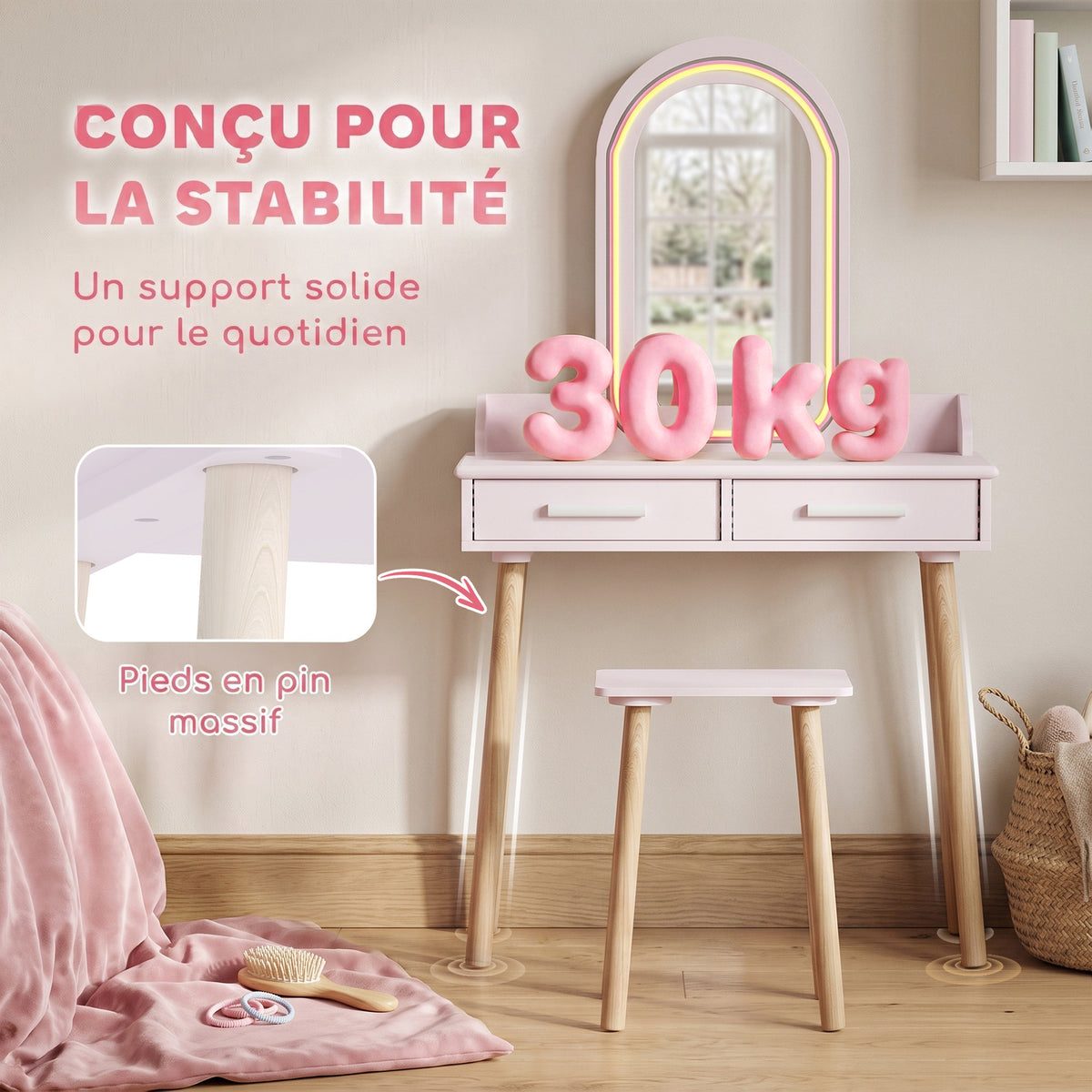 Coiffeuse Enfant en Bois avec Miroir LED 3 Couleurs, Tabouret, Tiroir et Plateau Spacieux, 60x36x100cm, 3 à 8 Ans, Rose-6