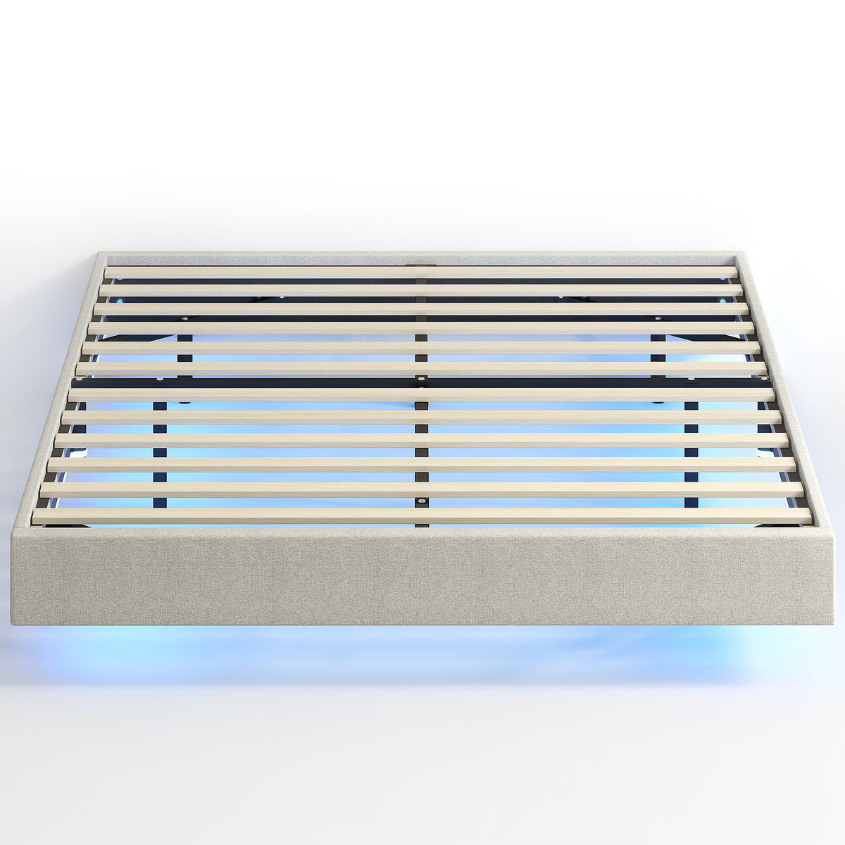 Cadre de lit flottant 140 x 190 cm avec éclairage LED, lit double rembourré en lin, sommier à lattes en bois, beige-0