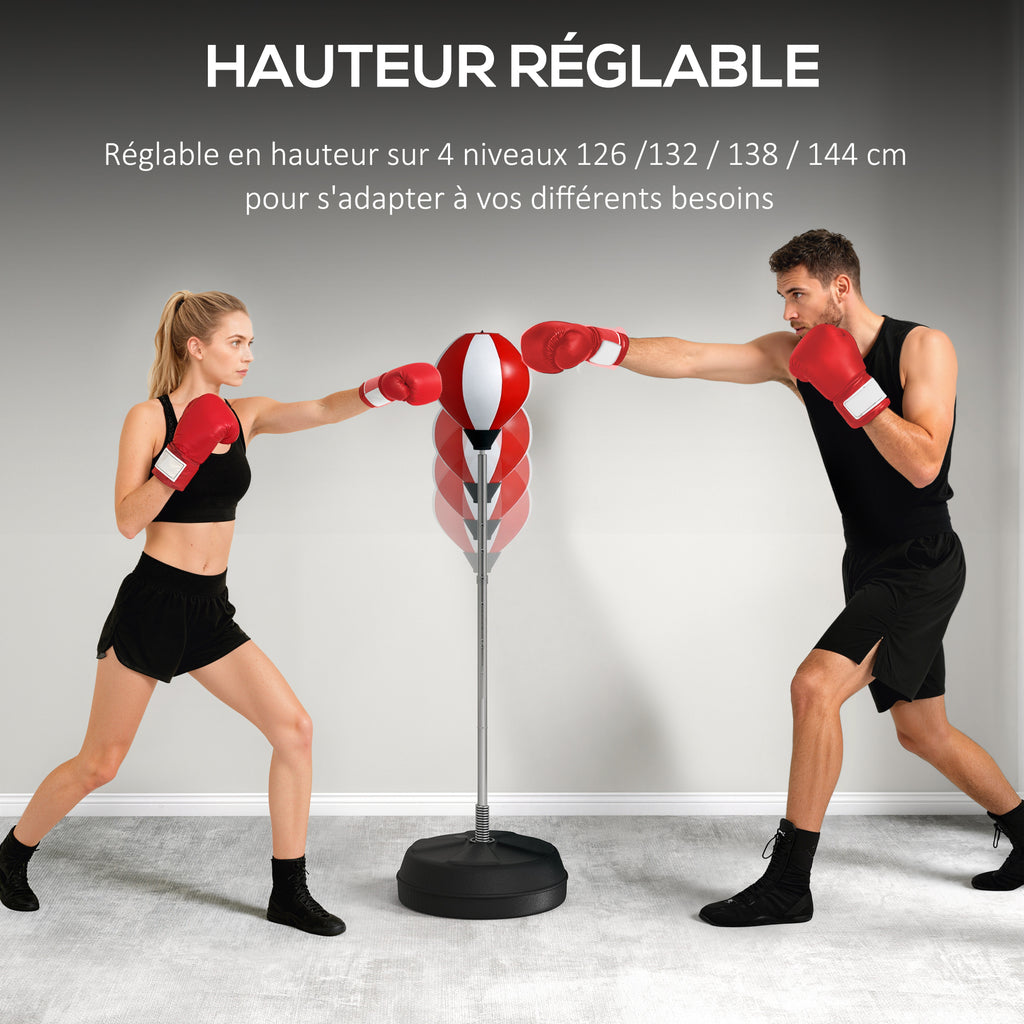 Sac de Frappe sur Pied Punching ball sur pied réglable en hauteur 126-144 cm avec gants, pompe et base de lestage-3