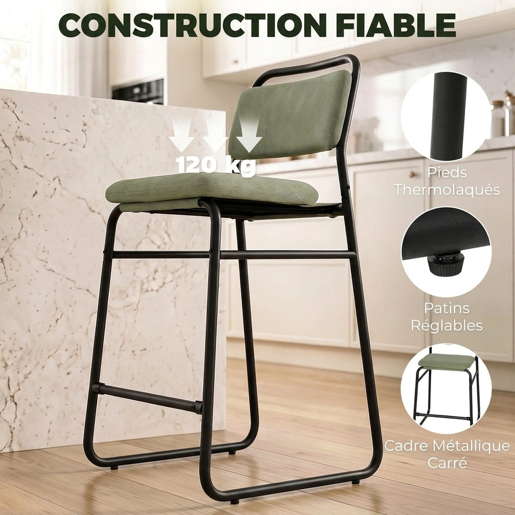 Lot de 2 Tabourets de Bar, Chaises de Bar en Velours, Assise Rembourrée 67H cm, Dossier et Repose-Pieds, Vert-6