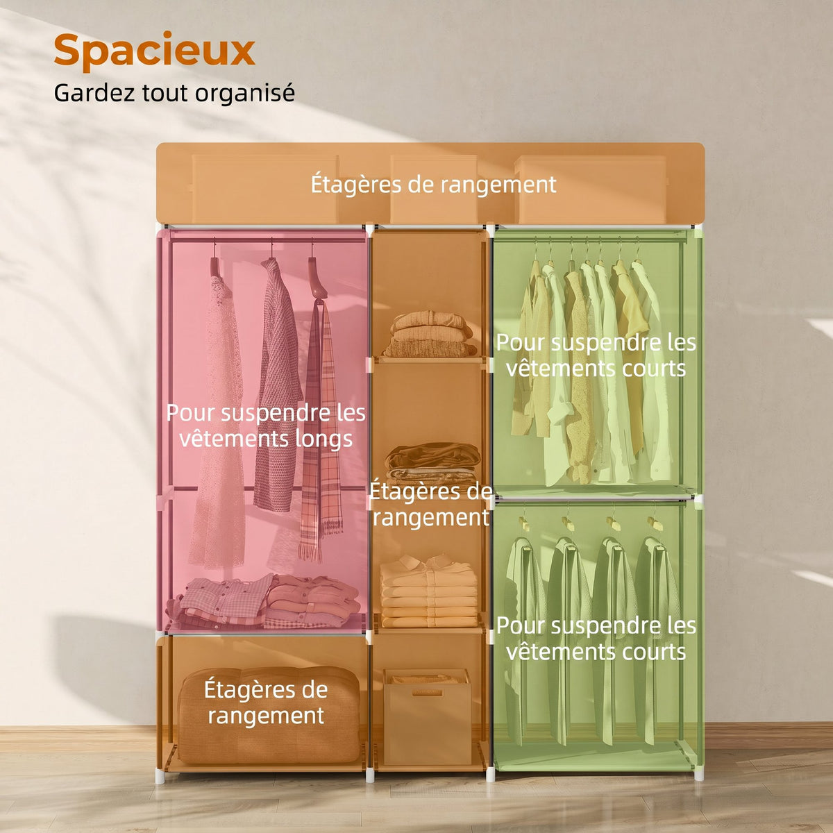 Armoire de rangement, penderie en tissu avec barre de suspension et étagères, 182 x 43 x 185 cm, gris-4
