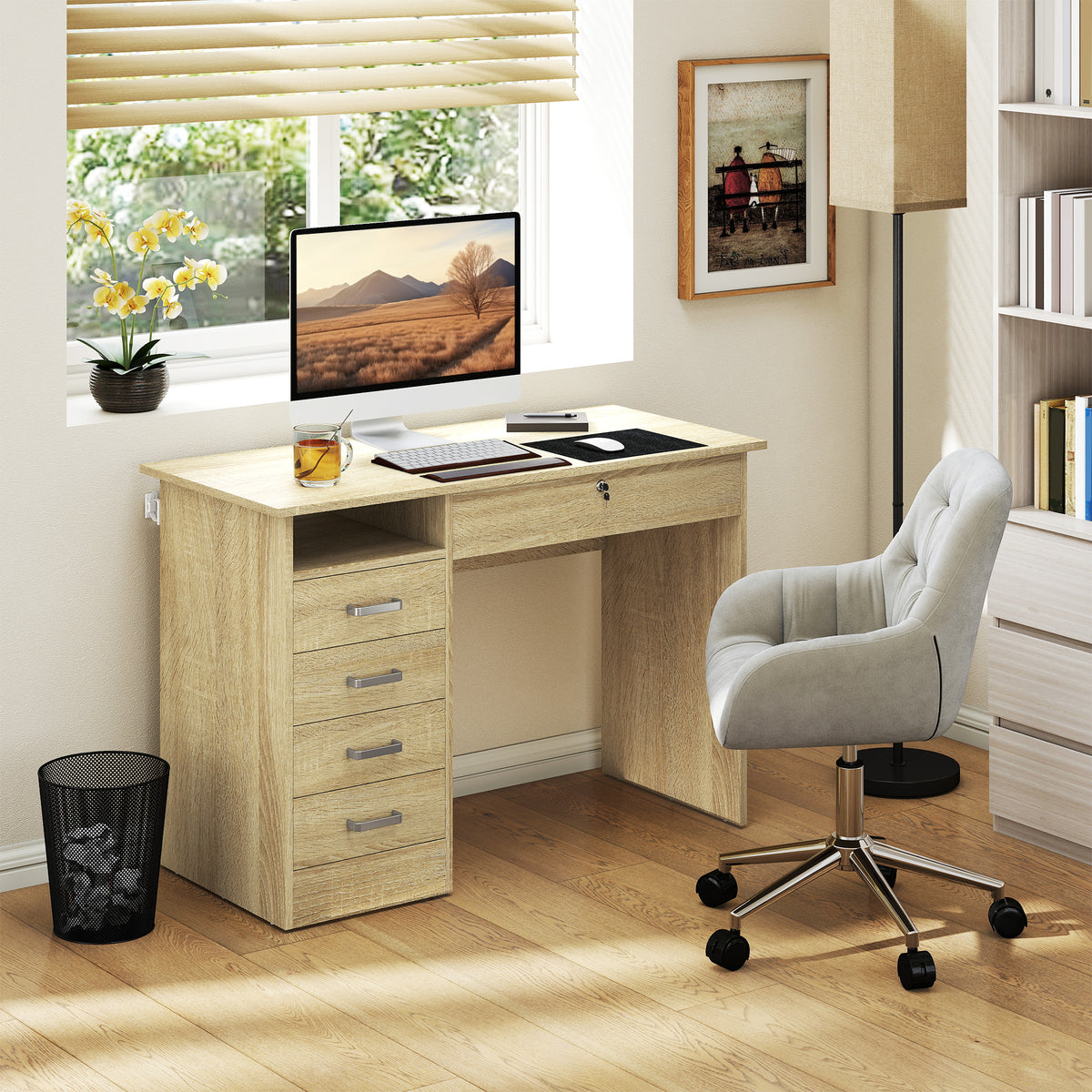Bureau moderne avec 5 tiroirs, grand plateau, 1 compartiment ouvert, tiroir verrouillable, 110 x 50 x 76cm, chêne-7