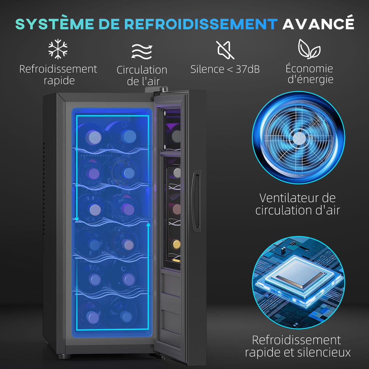 Cave à vin 12 bouteille 30L thermoélectrique double et silencieux avec porte en verre, LED, écran numérique, noir-3