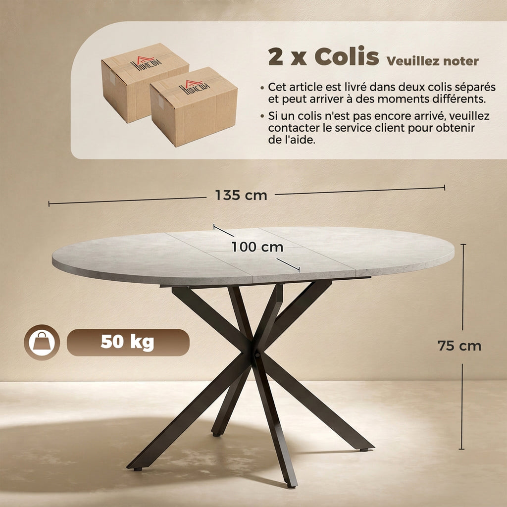 Table à manger extensible ovale pour 4 à 6 personnes, table de cuisine avec rallonge 100-135 cm, effet pierre grise-2