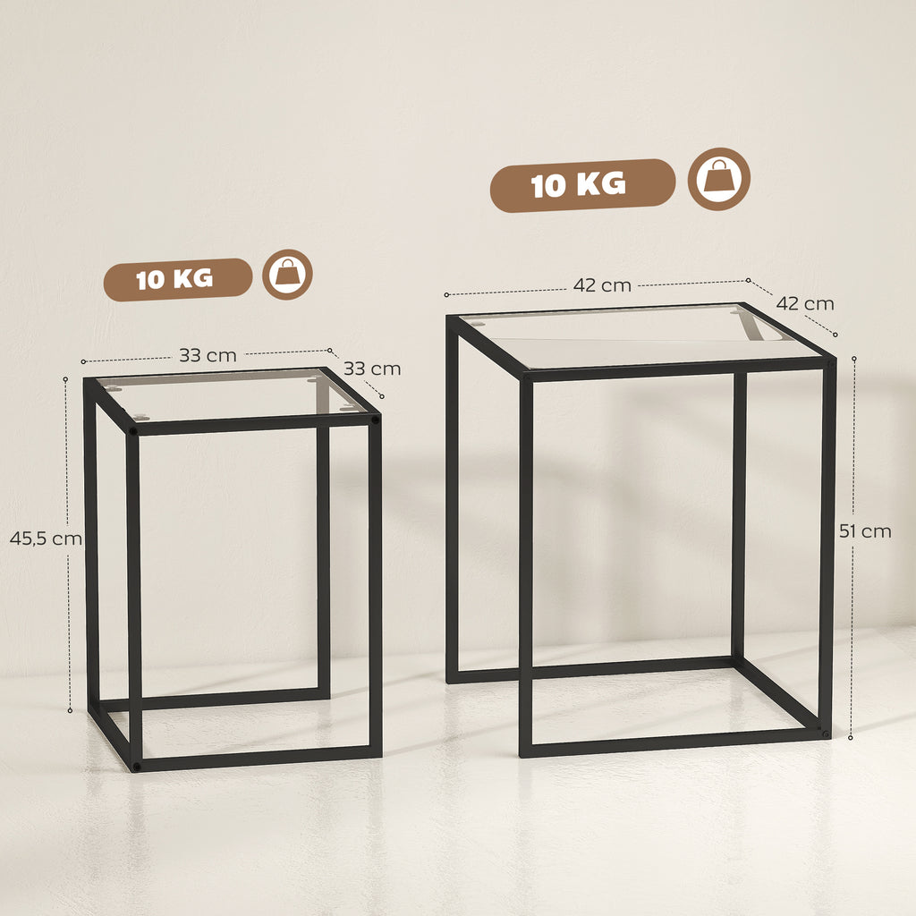 Lot de 2 tables basse gigogne, tables d'appoint empilable, plateau verre trempé cadre acier, patins antidérapants, noir-2
