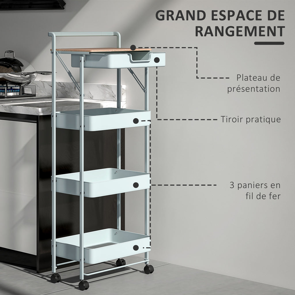 Desserte chariot de rangement à roulettes 4 niveaux avec tiroir, plateau et paniers, vert-3