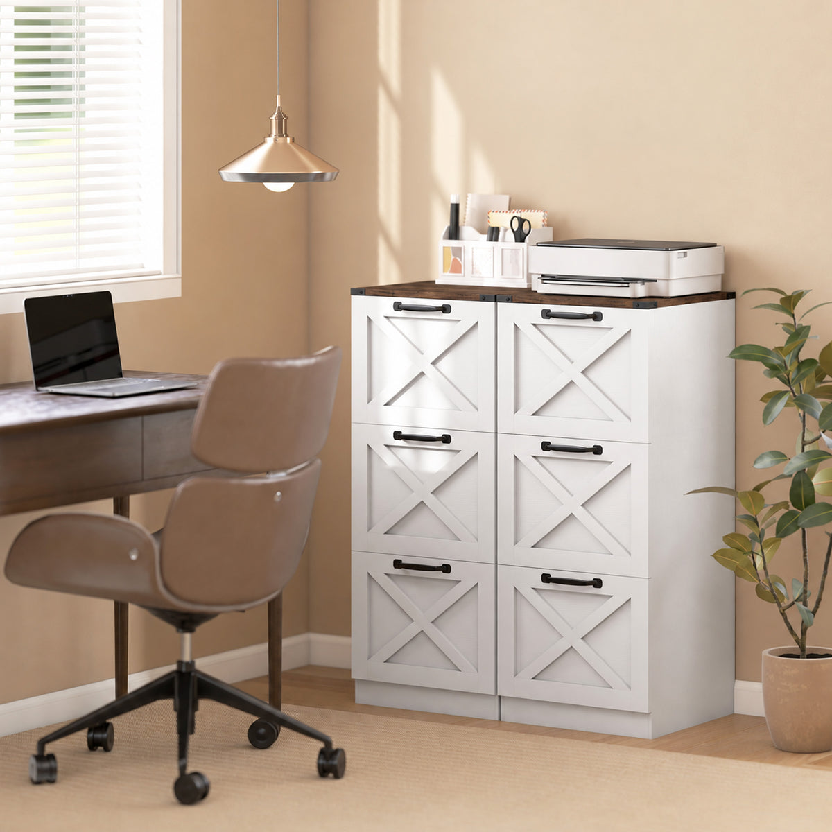 Caisson de Bureau avec 3 Tiroirs, Dossiers Suspendus pour Formats Lettre/A4, Style Rustique, 40x40x101cm, Blanc-7