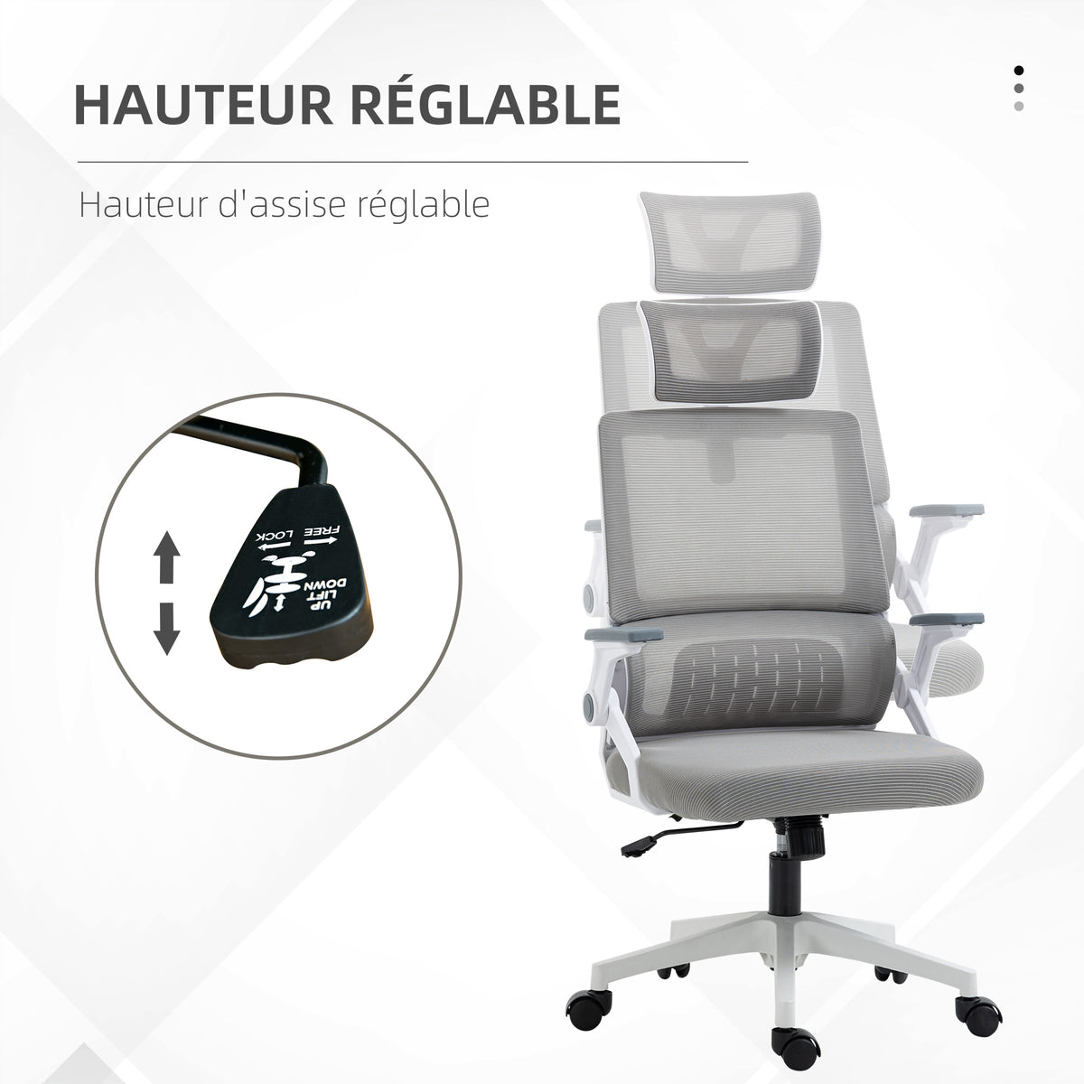 Fauteuil de bureau réglable tissu maille polyester dossier ergonomique inclinable pivotant Gris-3