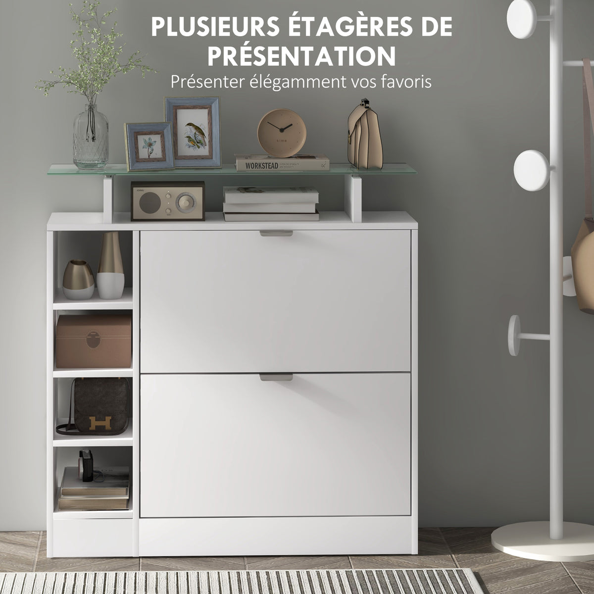 Meuble à chaussures avec 2 tiroirs rabattables 12 paires, plateau en verre et étagères réglables, 89 x 25 x 92 cm, blanc-4