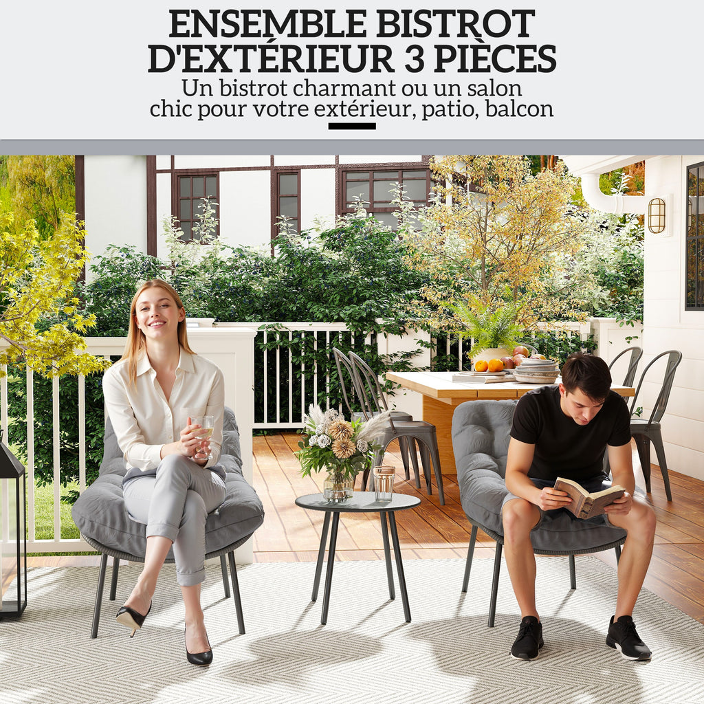 Salon de Jardin extérieur en résine tressée 2 personnes ensemble de meubles de jardin coussins de 15 cm d'épaisseur gris-3