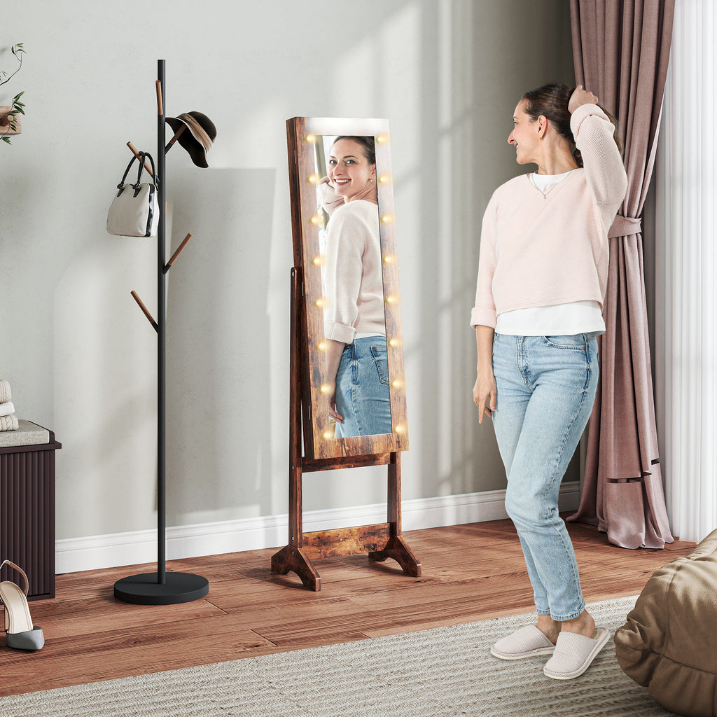 Armoire à bijoux armoire de rangement sur pieds boîte à bijoux avec miroir multi-rangements éclairage LED brun rustique-1