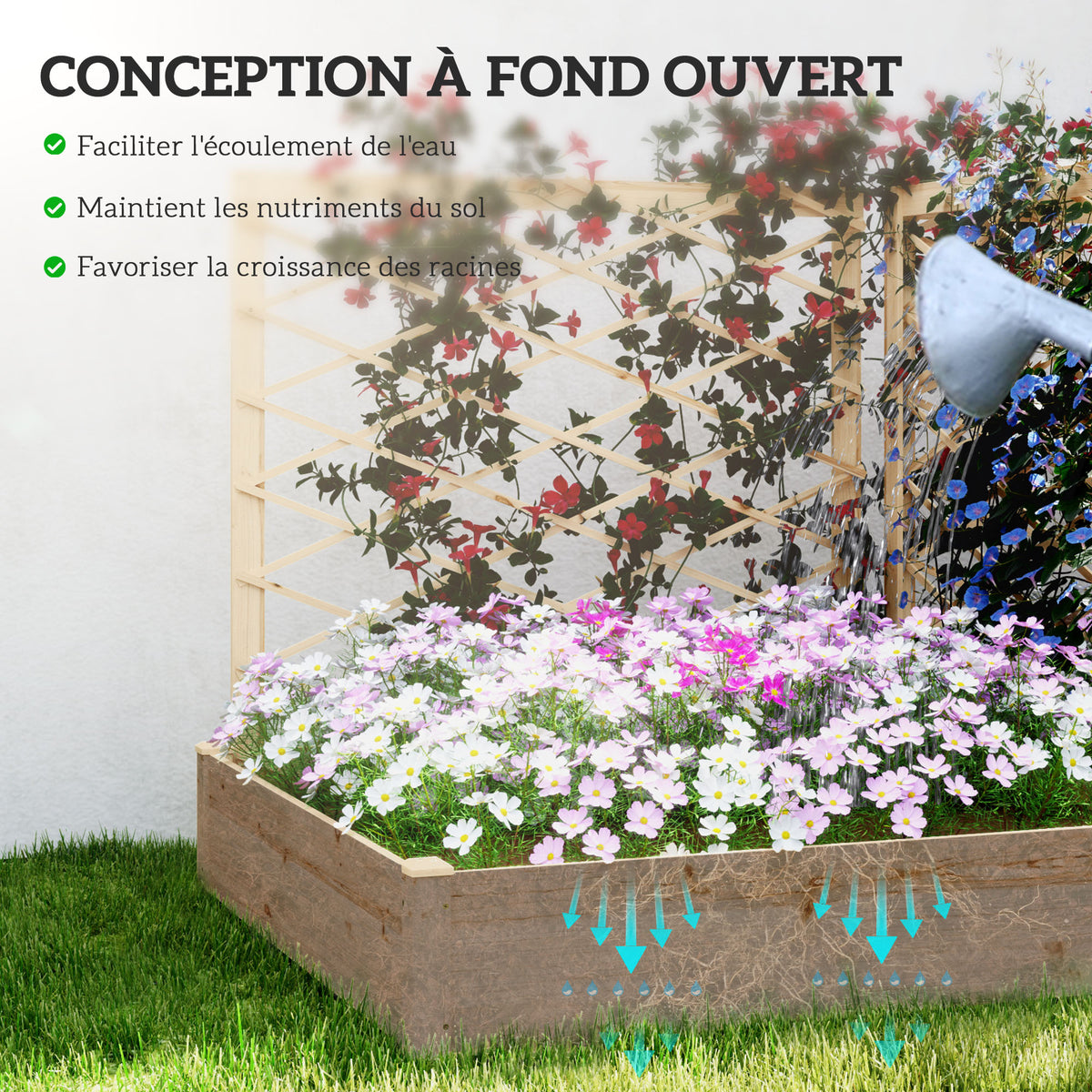 Jardinière avec 3 treillis modulable, bac à fleurs en bois pour balcon terrasse patio, 222x114x109 cm effet bois naturel-6