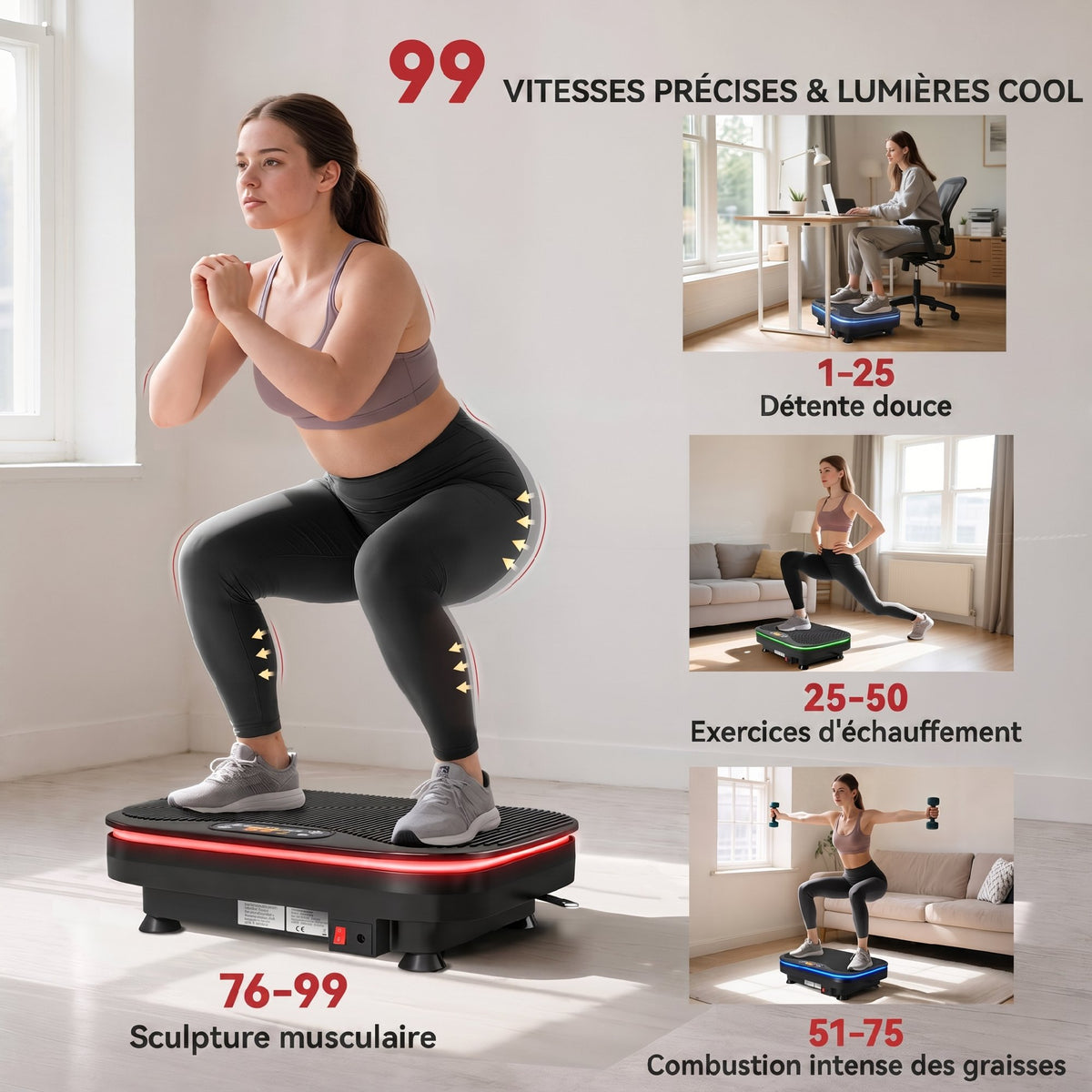 Plateforme Vibrante avec Lumières, Bluetooth, 3 Programmes, 99 Vitesses, Télécommande, Écran LED, 47x32x12cm, Noir-3