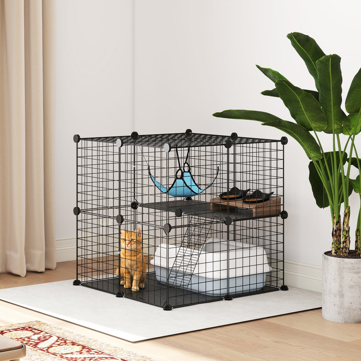 Cage Chat Intérieur Enclos Chat Modulable 2 Portes Hamac Échelle pour Petits Animaux de Compagnie 70x70x70cm Noir-9