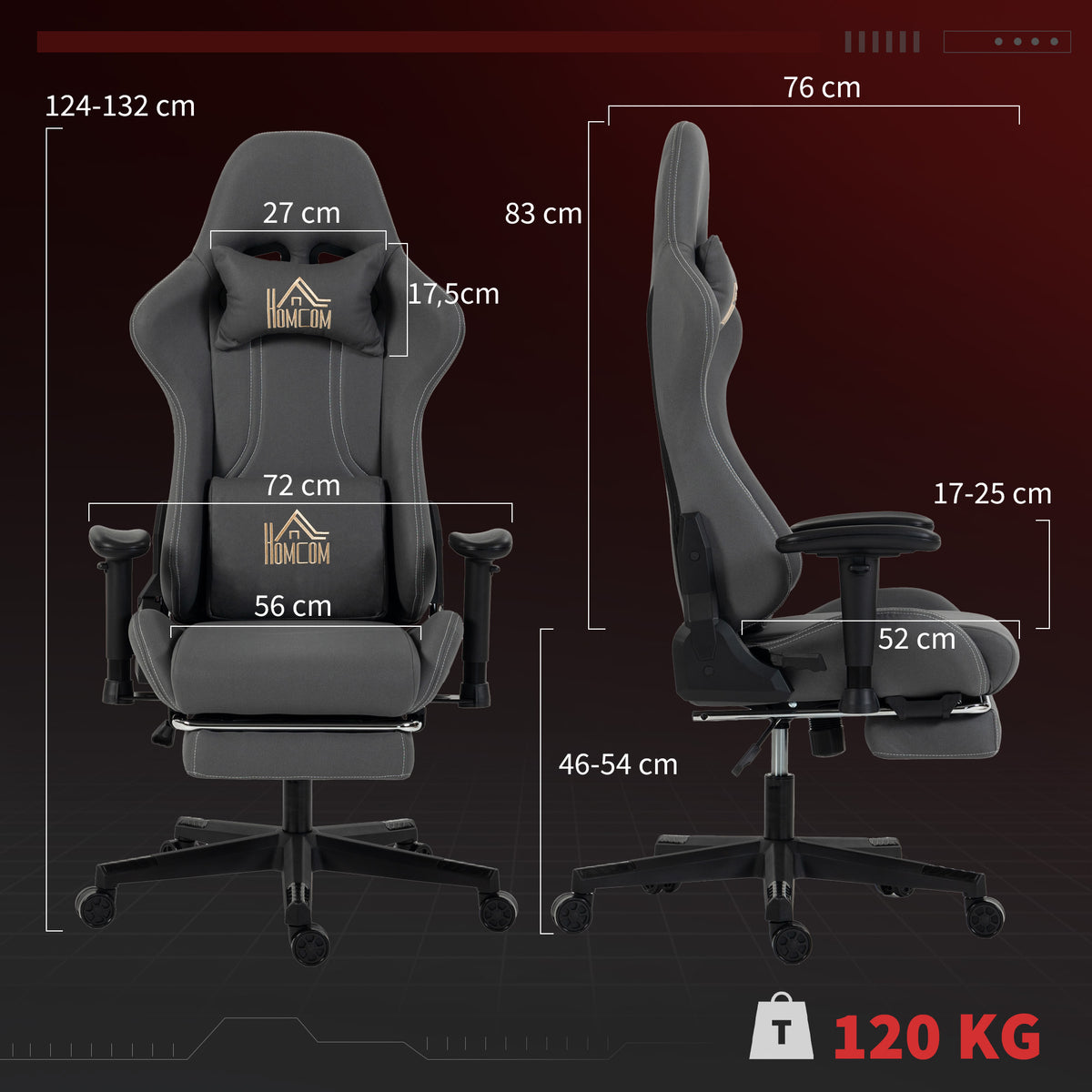 Chaise gaming ergonomique, fauteuil gamer avec accoudoirs 3D, dossier inclinable, hauteur réglable, 72x76x132cm, gris-2