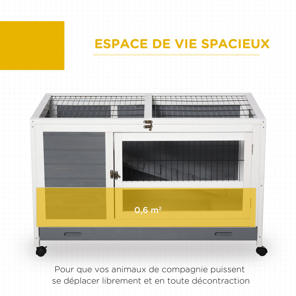 Clapier en bois cage à lapin villa pour lapin avec plateau coulissant, porte verrouillable, dessus ouvrable gris-3
