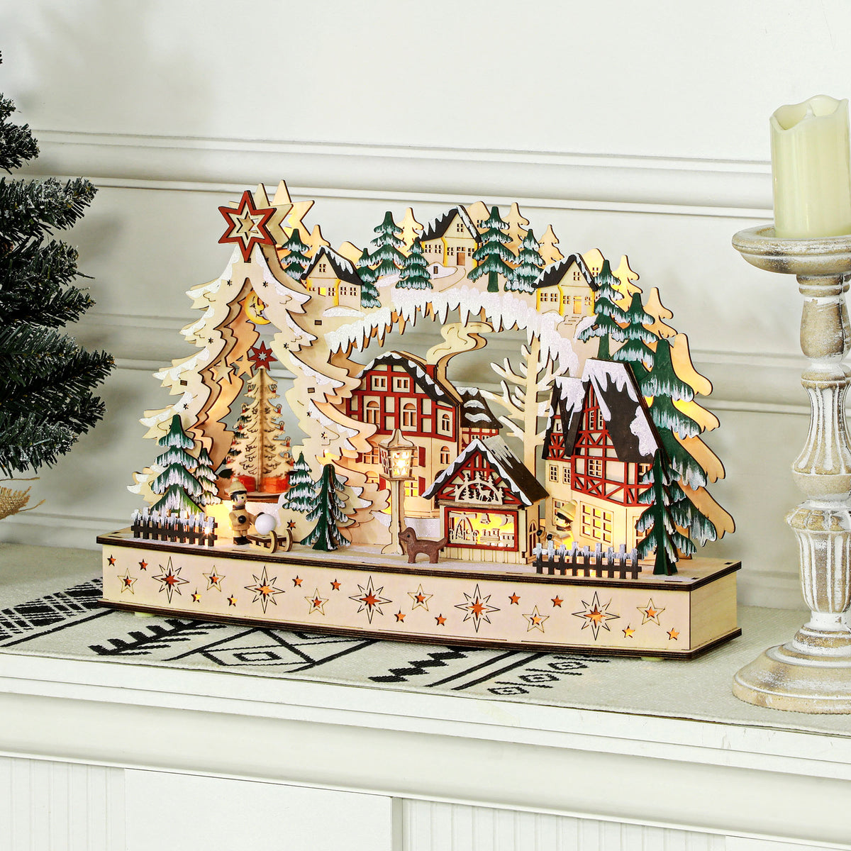 Village de Noël lumineux, village de Noël animé en bois, avec 20 LED, paysage enneigé, 45L x 12l x 30H cm, bois naturel-1