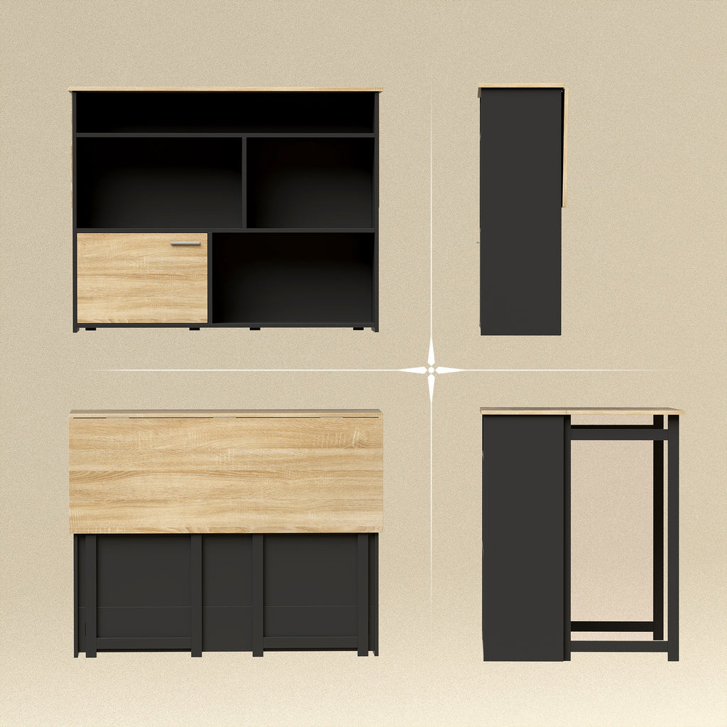 Table de bar extensible avec abattant, table haute cuisine, 1 placard et 4 compartiments ouverts, 116x79,6x90,5cm, noir-6