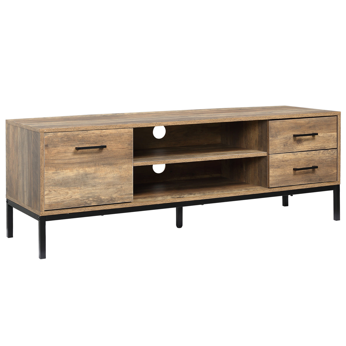 Meuble TV banc TV jusqu'à 50 pouces placard, 2 tiroirs et étagère - 2 passe-câbles - 132 x 39 x 45,5 cm marron noir-0