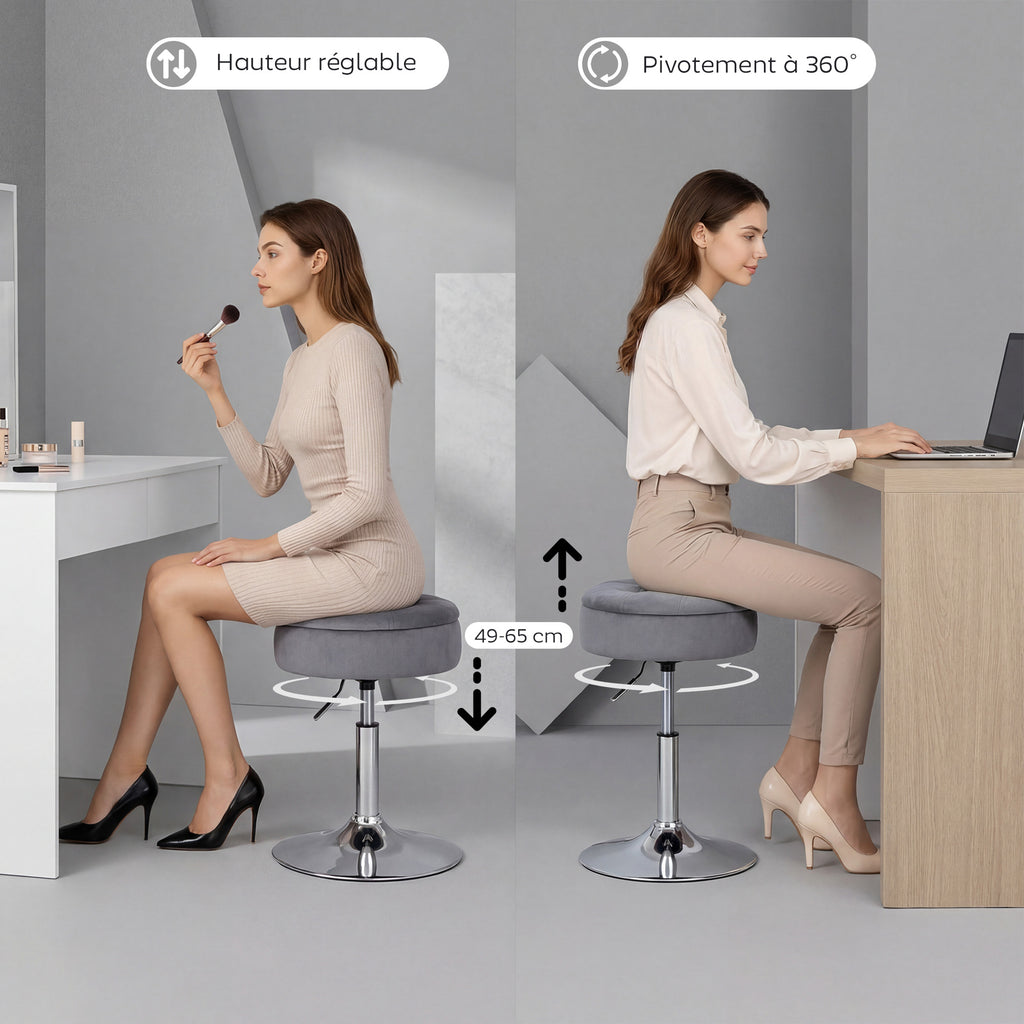 Tabouret de coiffeuse en velours, tabouret de maquillage pivotant avec rangement, hauteur réglable de 49-65 cm, gris-5