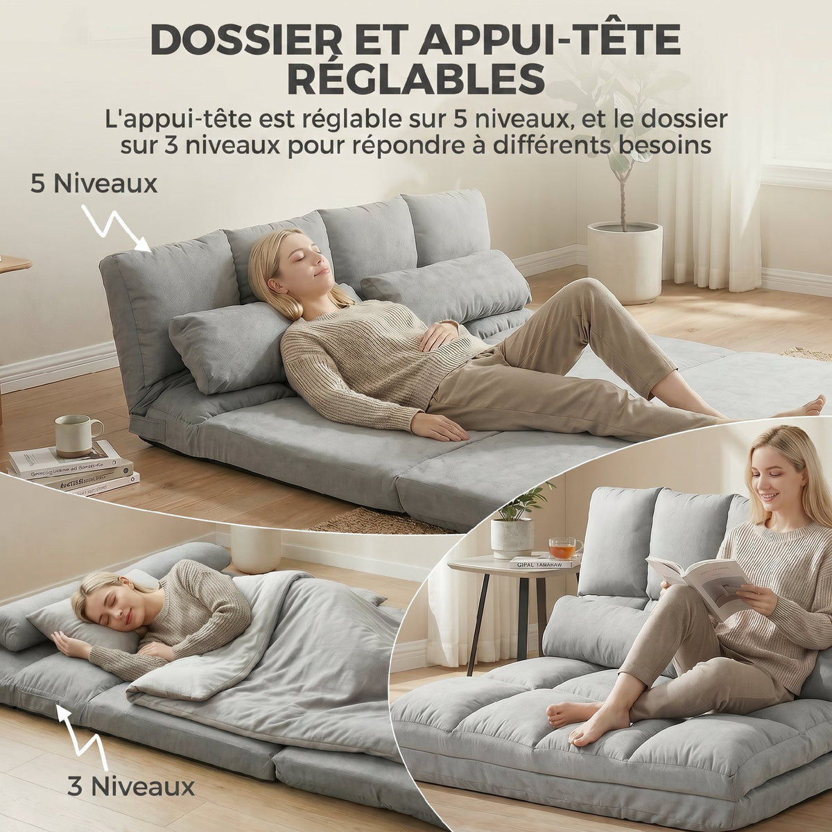 Chauffeuse 2 places canapé-lit convertible fauteuil de sol pliable dossier réglable 2 coussins inclus en polyester aspect suédé, pour salon, chambre et bureau, gris-3