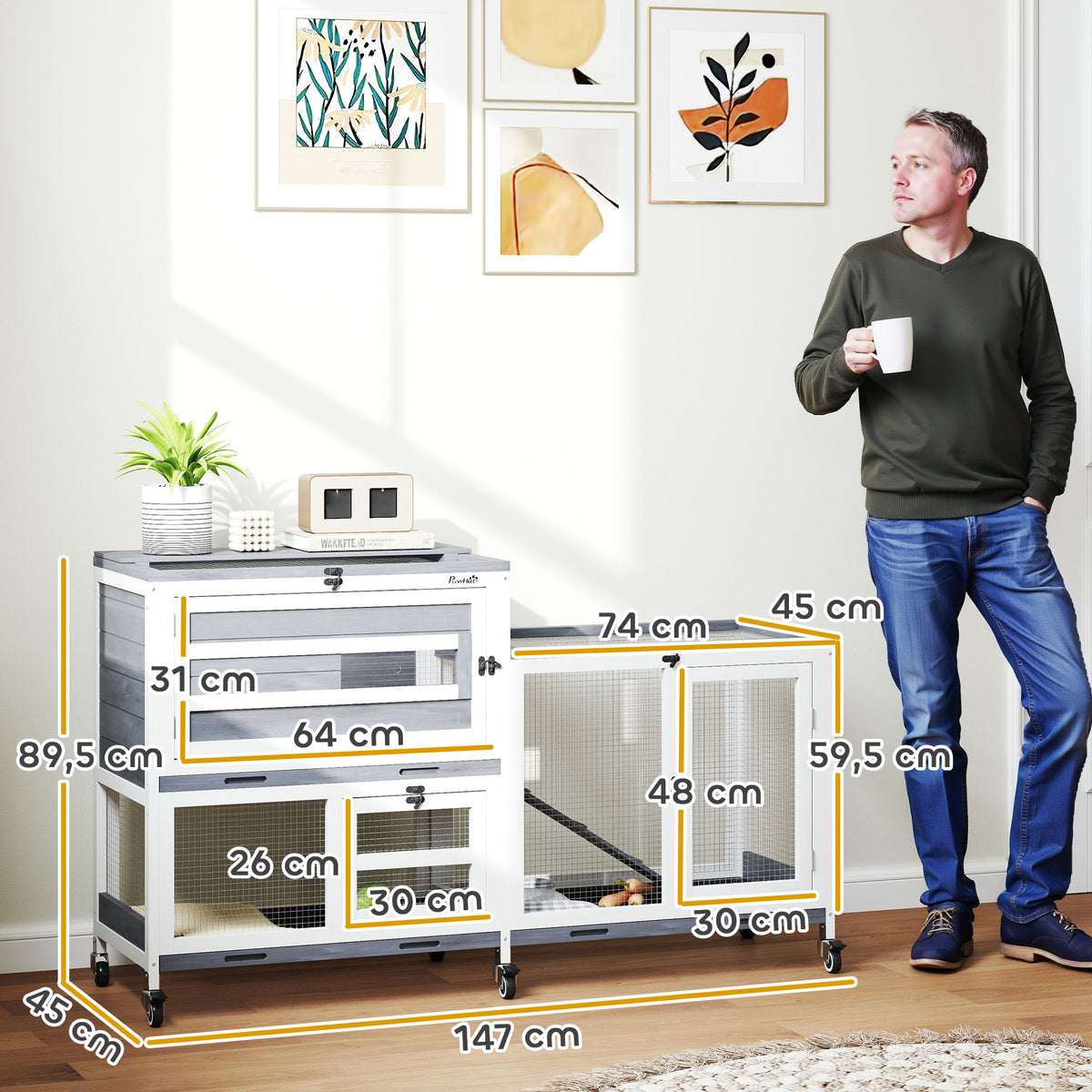Clapier pour lapin en bois 2 étages avec roulettes, 3 plateaux, pour 2-3 lapins, 147 x 45 x 89,5 cm, gris-2