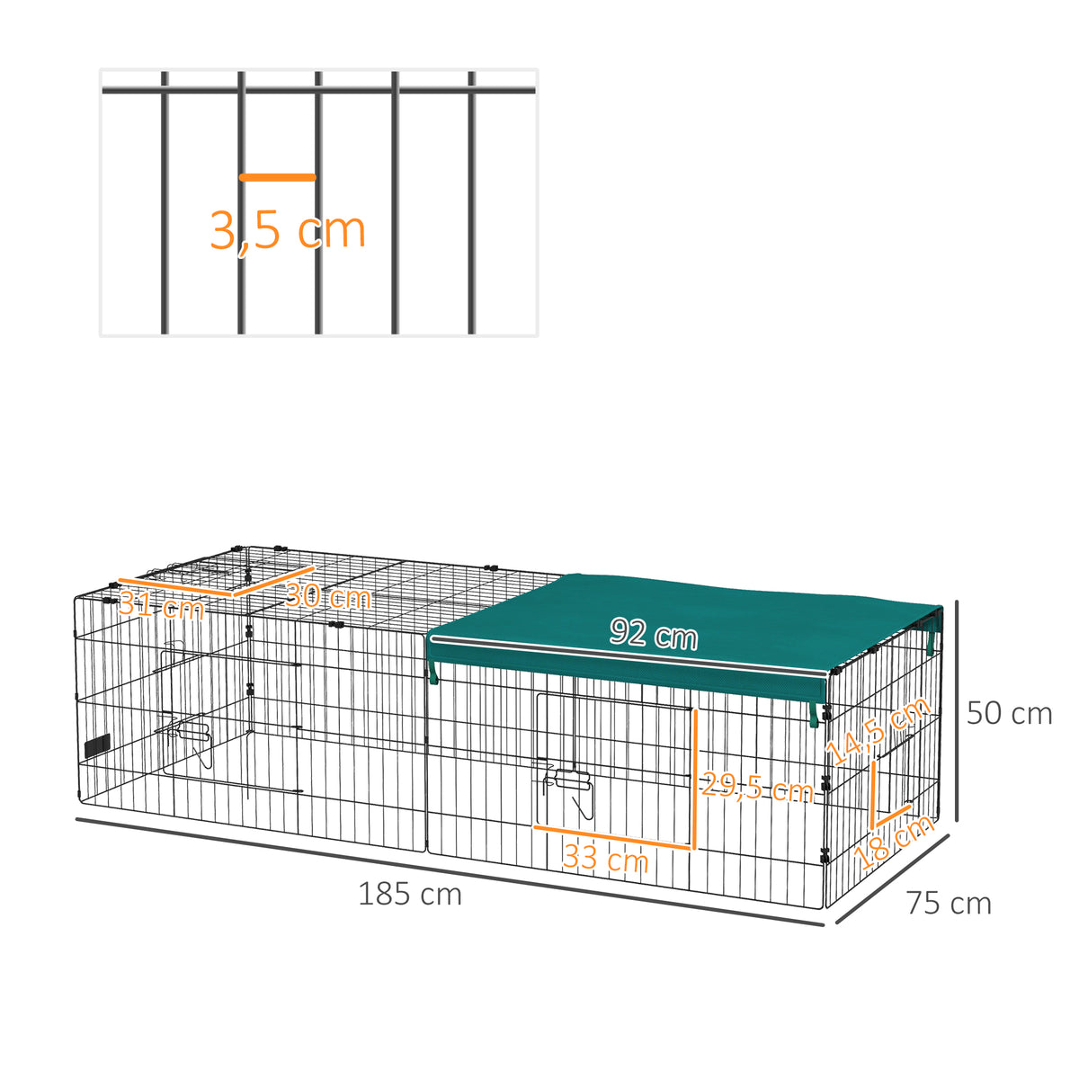Parc enclos modulable acier avec bache pour lapins rongeurs petits animaux intérieur extérieur 185L x 75l x 50H cm vert-2