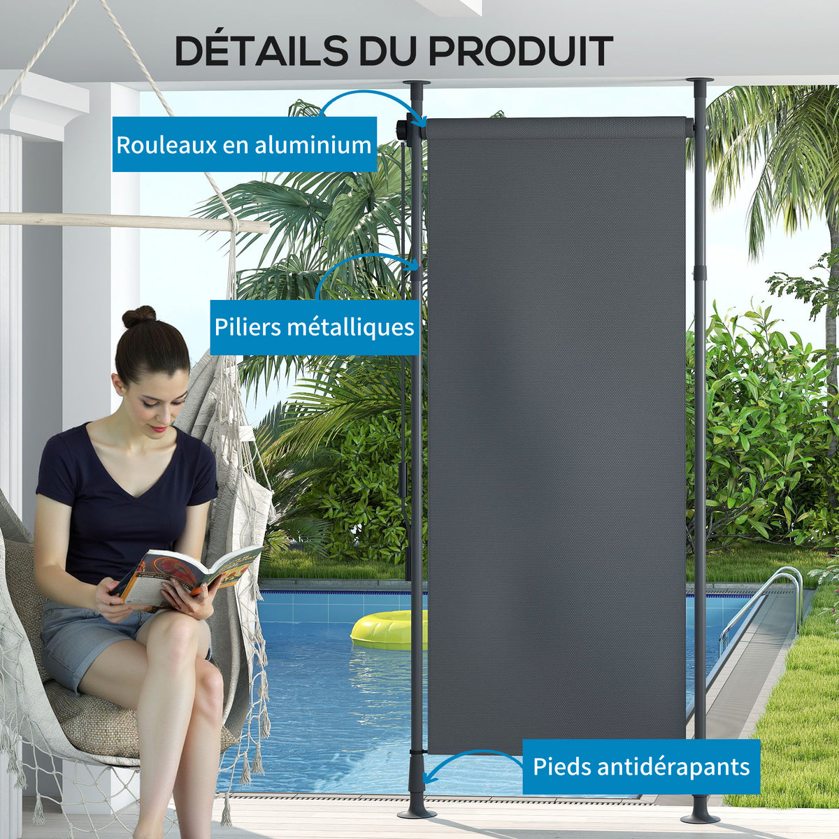 Store manuel rétractable sur pied longueur réglable manivelle installation sans perçage métal alu. polyester gris foncé-6