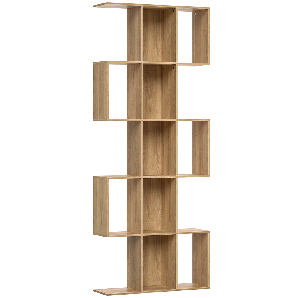 Bibliothèque à 5 niveaux, étagère de rangement en forme S avec 15 compartiments ouverts, 80 x 24 x 200 cm, chêne-0