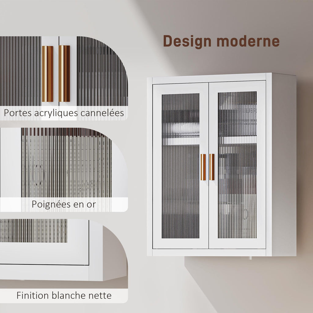 Armoire murale de salle de bain, meuble haut salle de bains avec 2 portes cannelées, étagère réglable, 40x14x50cm, blanc-5