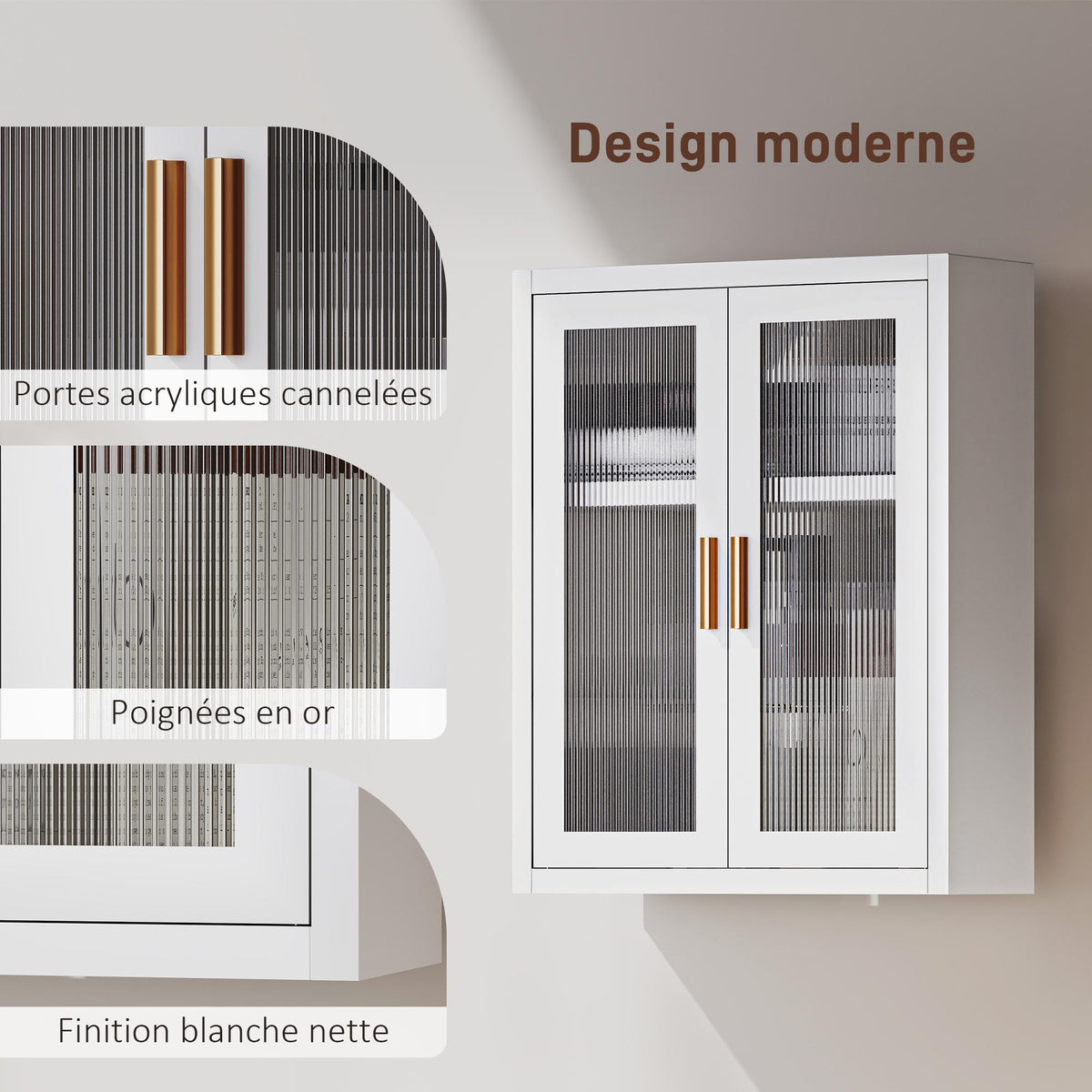 Armoire murale de salle de bain, meuble haut salle de bains avec 2 portes cannelées, étagère réglable, 40x14x50cm, blanc-5