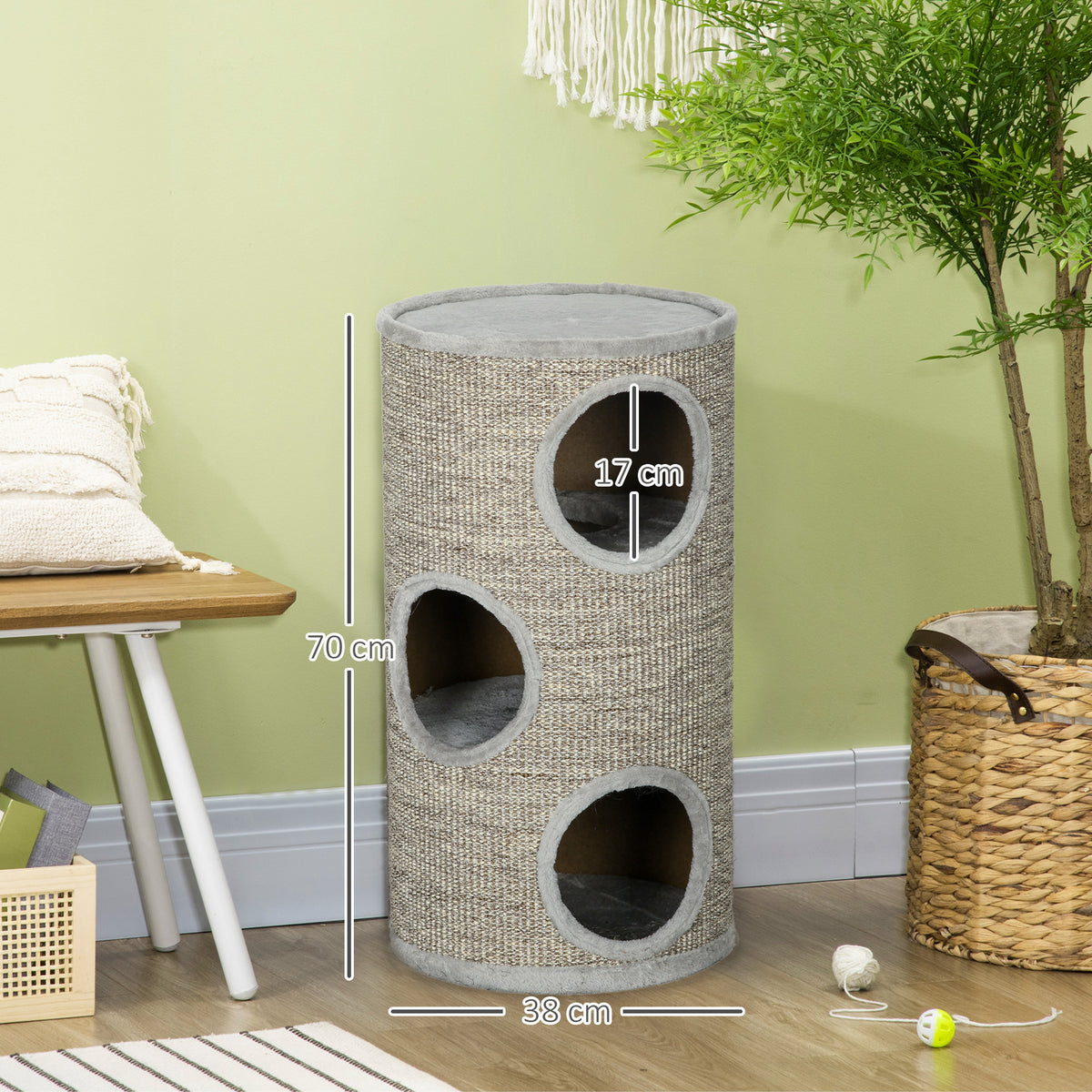 Tonneau à gratter pour chat, tour à griffer en sisal à 3 niveaux recouvert de peluche, Ø 38 x 70 cm, gris-2