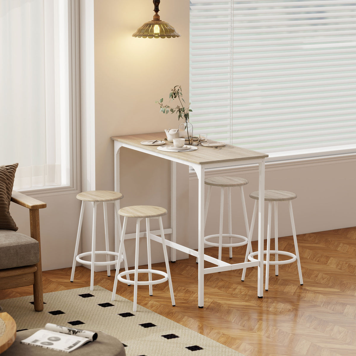 Ensemble table haute et 4 tabourets avec Repose-Pieds style moderne, structutre en métal effet bois naturel-8