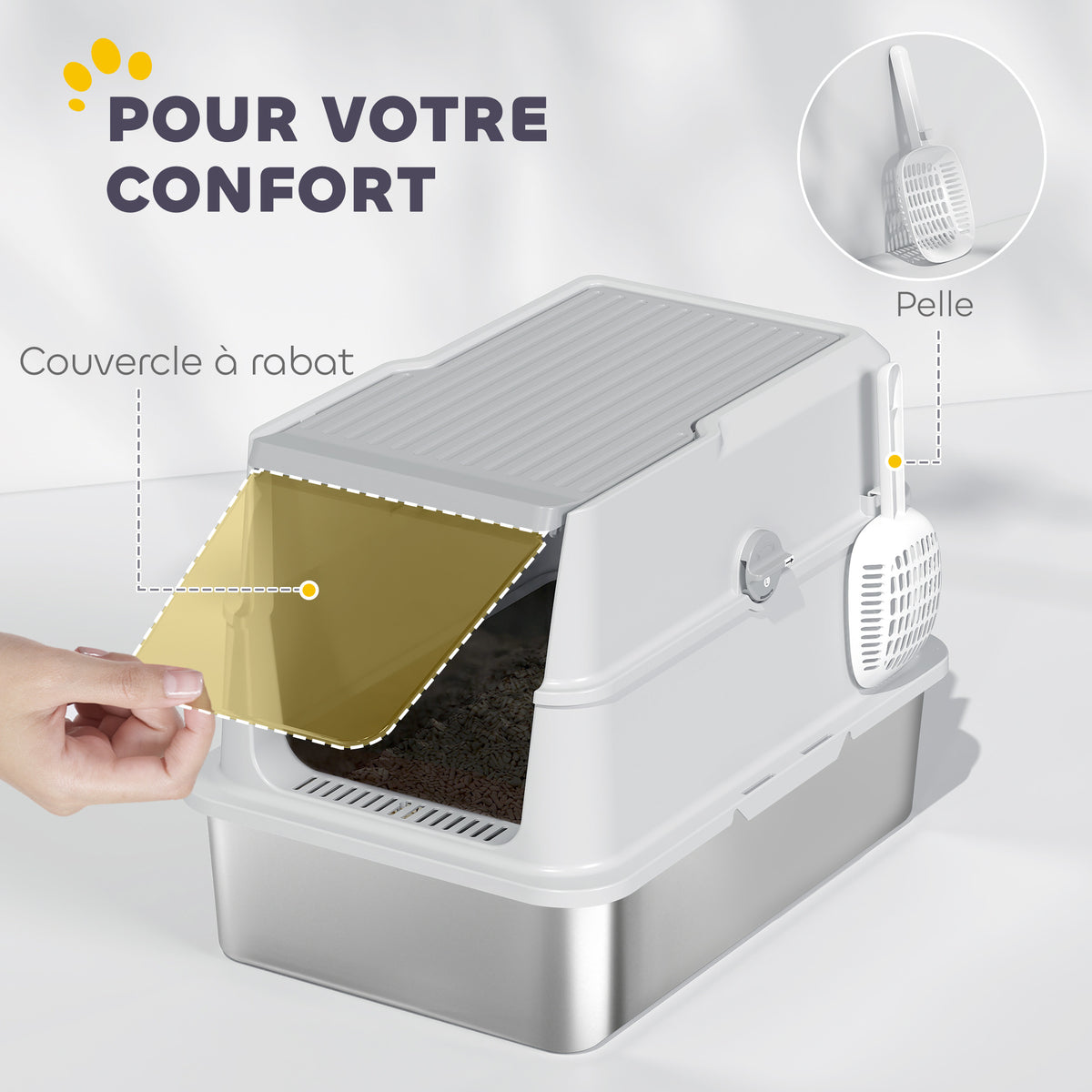 Bac à litière fermé XL en acier inoxydable, maison de toilette pour grand chat, 60,2 x 40,2 x 43,3 cm, gris clair-6