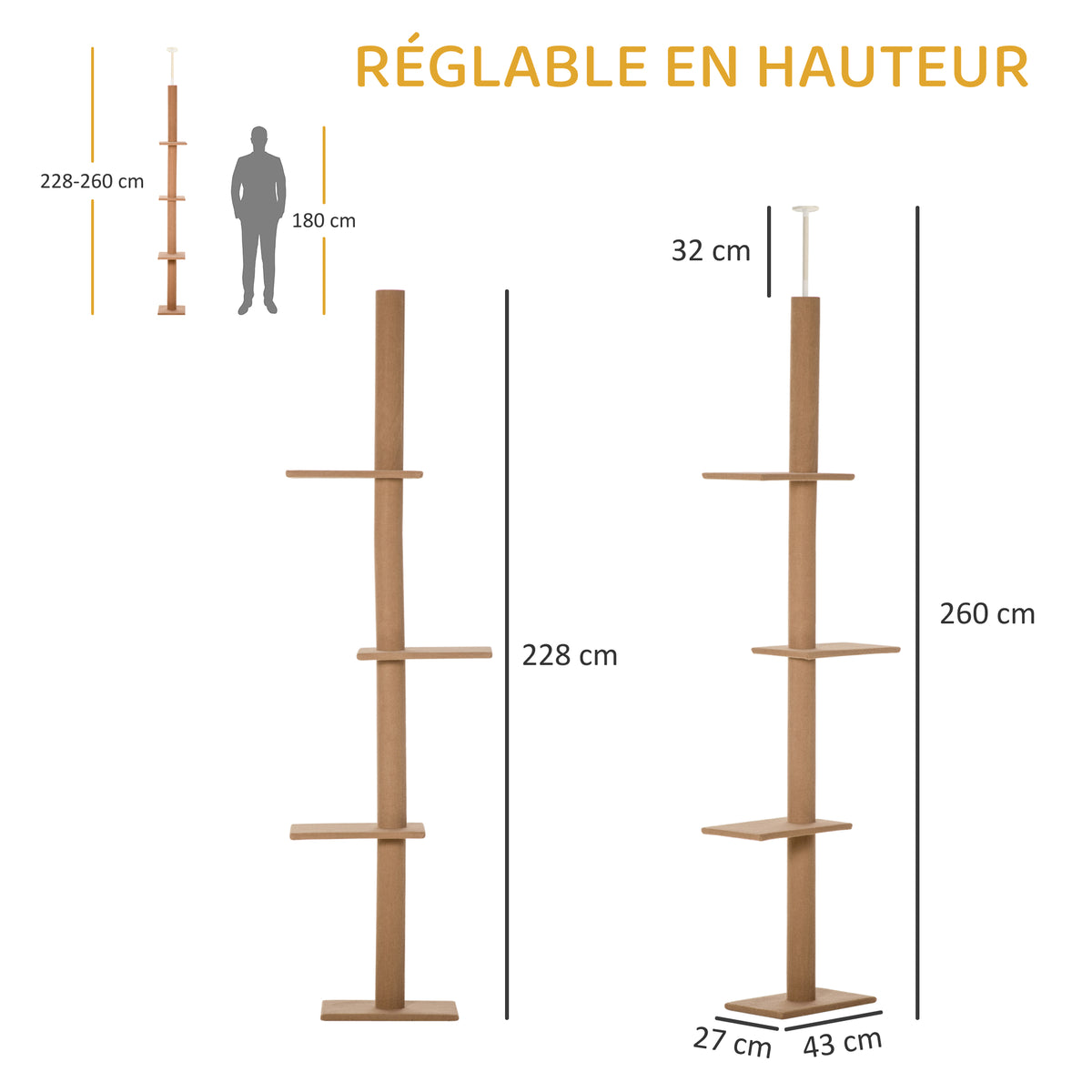 Arbre à chat poteau à griffer hauteur réglable dim. 43L x 27I x 228-260H cm 4 niveaux d'activités marron-2