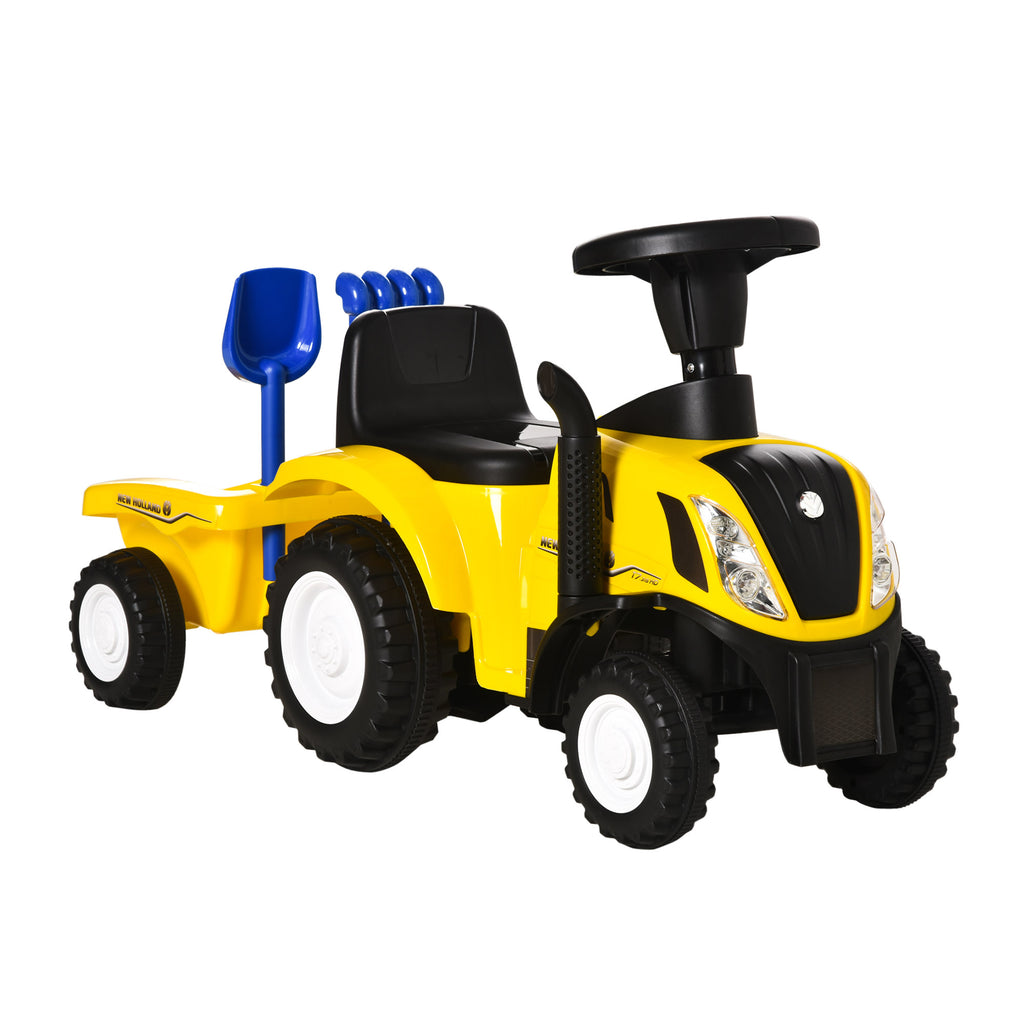 Porteur tracteur enfants avec coffre amovible, râteau et pelle, voiture enfants avec lumière LED et klaxon, jaune-0