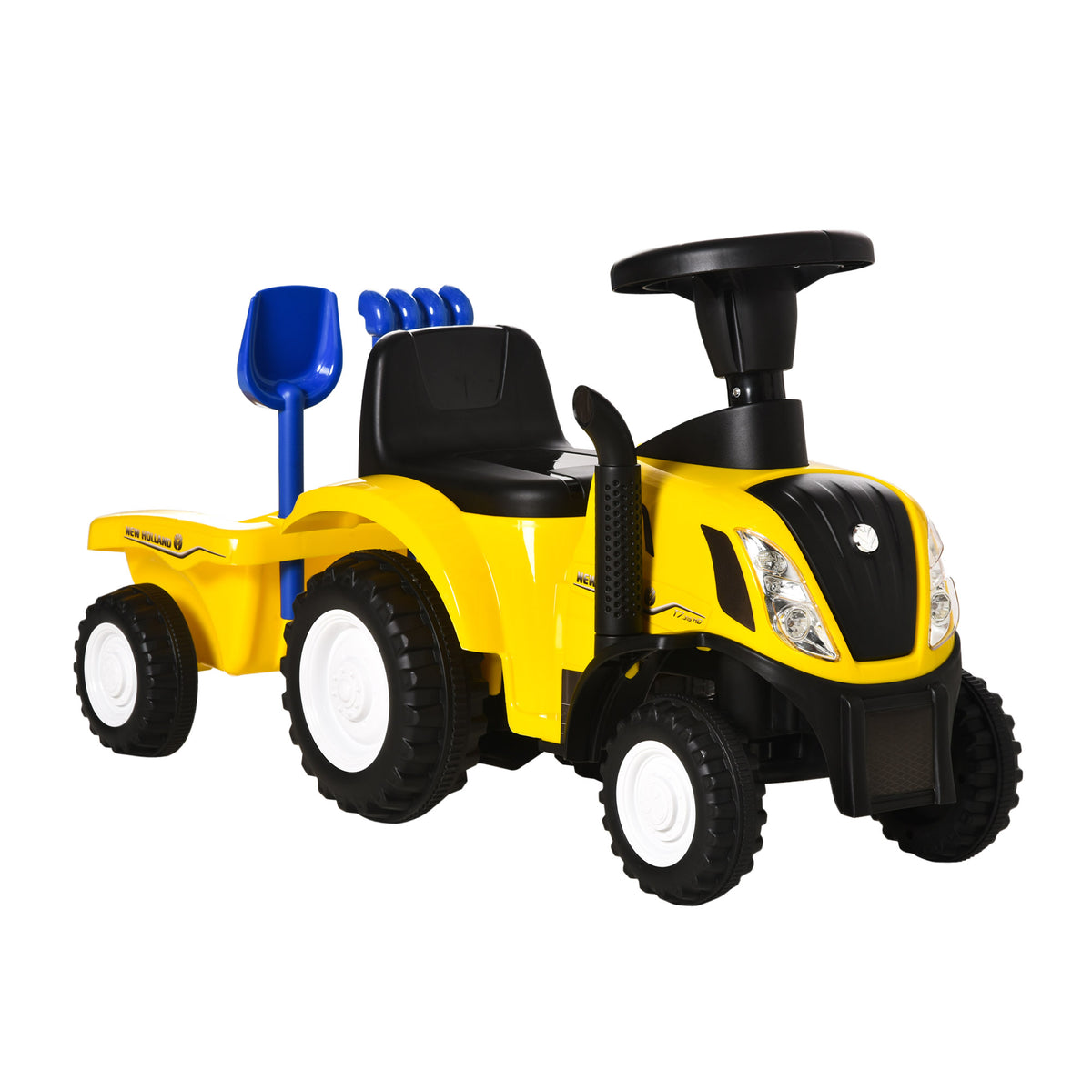 Porteur tracteur enfants avec coffre amovible, râteau et pelle, voiture enfants avec lumière LED et klaxon, jaune-0